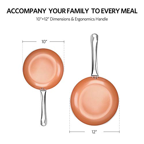 10"+12" Nonstick Frying Pan Sets with Lids - Ultra Nonstick Cookware Sets with Ceramic Coating, 100% APEO & PFOA-Free, Oven Safe & Induction Available Skillets, Stainless Steel Handle, Aluminum Alloy