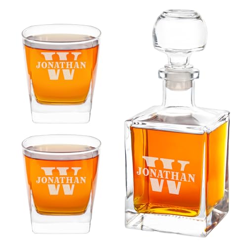 Personalized Decanter & Glasses Set, Custom Liquor Decanter & Whiskey Glasses with Name or Monogram, Dad Christmas Gifts, Anniversary Gift for Husband, Birthday Gift for Men (Decanter + 2 Glasses)