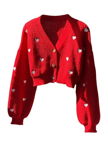Image of BEAUDRM Women Heart Shape Cardigan Drop Shoulder Long Sleeve Button Front Cardigan