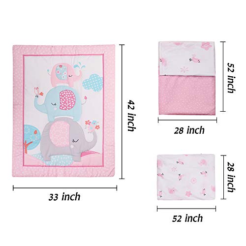 Pink Elephant Baby Crib Bedding Set 3 Pieces Baby Nursery Bedding Sets For Girls With Baby Comforter,Crib Fitted Sheet, Crib Skirt #TOP1