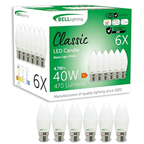 BELL Lighting B22 Bayonet Light Bulb LED Candle 6 Pack | Warm White 2700K | 470 Lumen 4.7 Watts | Energy Saving Candle LED Light Bulb | 40W Lamp Equivalent | Non-Dimmable