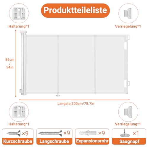Ycozy 2026 Aufgerüstet Treppenschutzgitter 0-200cm Türschutzgitter Ausziehbar mit Stützstangen Treppenschutzrollo Einhändiges Öffnen Kinderschutzgitter Türgitter Baby Hunde Absperrgitter Treppengitter