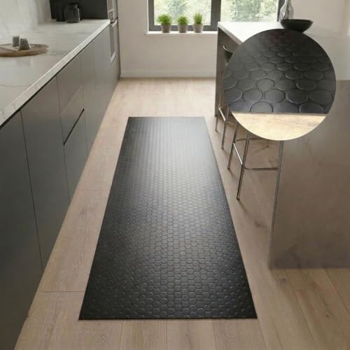 Alfombra de Vinilo Botones, Negra Estilo Industrial con Círculos, Antideslizante y Fácil de Limpiar (65x150 cm)