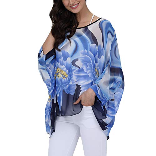 Image of Ckikiou Plus Size Batwing Flowy Semi Sheer Chiffon Blouse Tunic for Women Summer Floral Print Boho Beach Cover ups