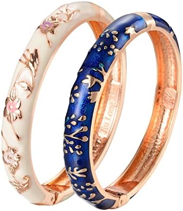 UJOY Vintage Cloisonne Bangles Bracelet Enamel Floral Spring Cuff Clasp Indian Golden Jewelry for Women Girls 55A81-55A116 blue