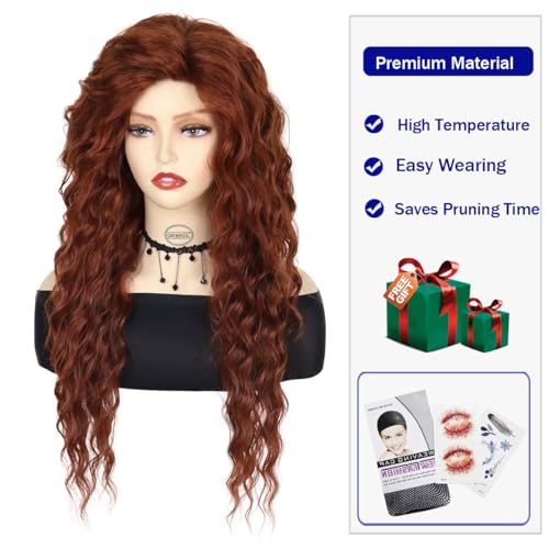 Image of GNIMEGIL Long Curly Dark Copper Wigs for Women Synthetic Auburn Red Wig with Natural Parting Fluffy Big Volume Wig Cosplay Halloween Costume Themed Parties and Daily Style