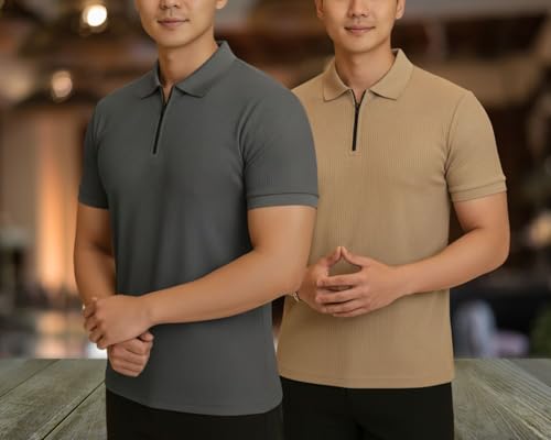 Image of MACK JONNEY Men's Cotton Self Design Polo T-Shirts | Front Half Zipper | Pack of 2 | Multicolour