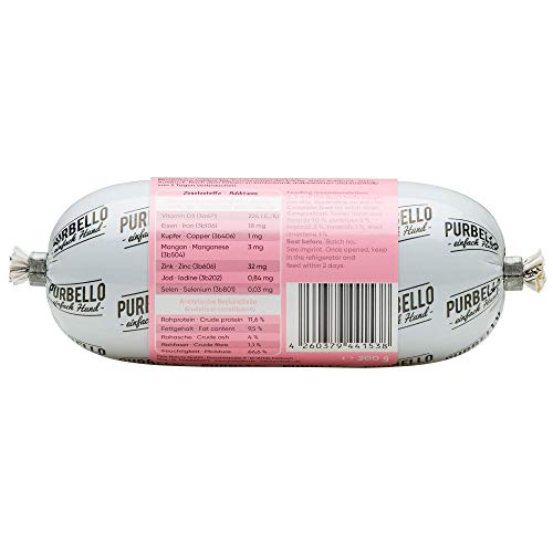 PURBELLO Hunde-Rolle Pute mit Brokkoli & Kartoffeln - Monoprotein Hundefutter mit hohem Fleischanteil - Nassfutter für Hunde - Hundewurst schnittfest & getreidefrei - 8 x 200 g