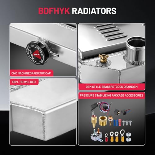 Image of BDFHYK CU433 3-Row 44mm Aluminum Radiator with Fan and Thermostat Switch for Ford Bronco F-100 F-250 1968-1979, for Ford F-150 F-350 1975-1979, for Ford F-500 1976, Replaces SBR433 CC433 CU132