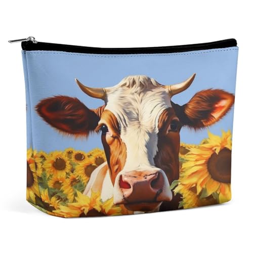 Bolsa de maquillaje, bolsa de viaje para cosméticos, bolsa de aseo portátil con diseño de vaca y girasol, bolsa de gran capacidad con cremallera, estuche organizador de maquillaje, bolsa de aseo imper