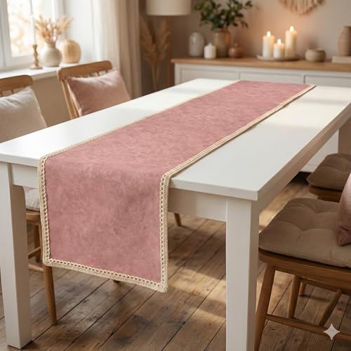 TheTableTales Dining Table Runner – Heat-Resistant Polycotton with Elegant Lace Border for 6 Seater Table – Pearly Purple |180 cm X 30 cm|