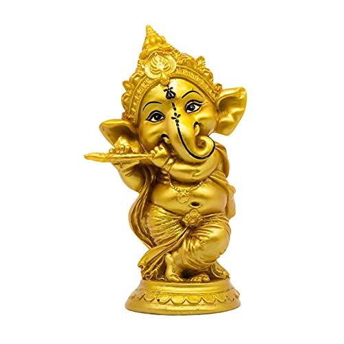 Image of Handmade Showpiece Polyresin Ganesh Idol and Figurines for Spiritual Vaastu Pooja Decorative Sculpture for Puja Gifts & Decoration Items for Home Decor (Fulte Gold Ganesh ji)