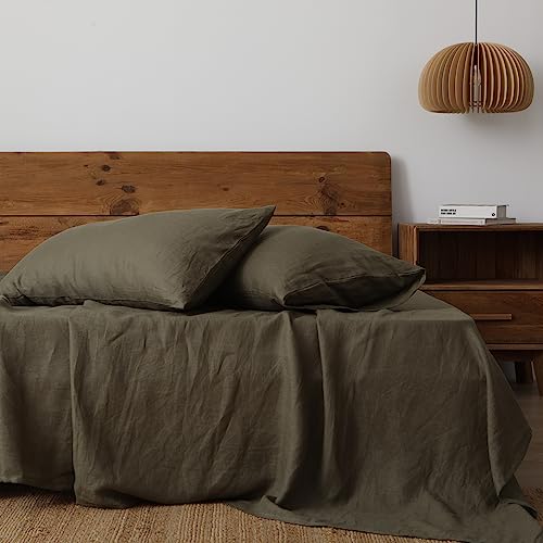 Image of XZ XIFA 100% Washed French Flax Linen Envelope Pillowcases, Pack of 2, Breathable & Durable Farmhouse Bedding (Olive Green, Queen 20 inchx30 inch)