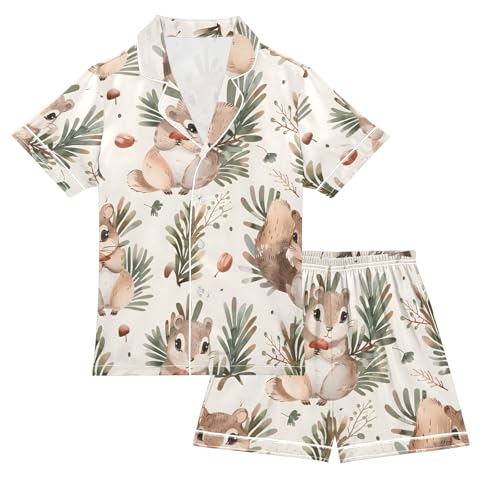 ALAZA Cute Cartoon Squirrel Pine Nut Pajamas Satin Pajama Set Short Sleeve Button Down Sleepwear