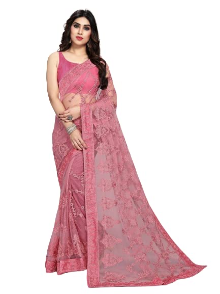 JIYA COUTURE Women's designer Super soft Net Pink Floral Embroidered Saree With Unstiched Blouse Piece
