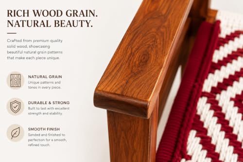 Image of Handcrafted Solid Sheesham Wood Accent Chair with Cotton Rope Weaving | Modern Wooden Arm Chair for Living Room, Bedroom & Balcony | Rustic Handmade Lounge Chair | Natural Finish (Red & White)