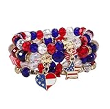 4th of July Gifts Red White Blue Star Bead Bracelets Set Stackable American Flag Patriotic Independence Day Bangles Heishi Surfer Clay Summer Beach Stretch Party Accessories for Women Men-D