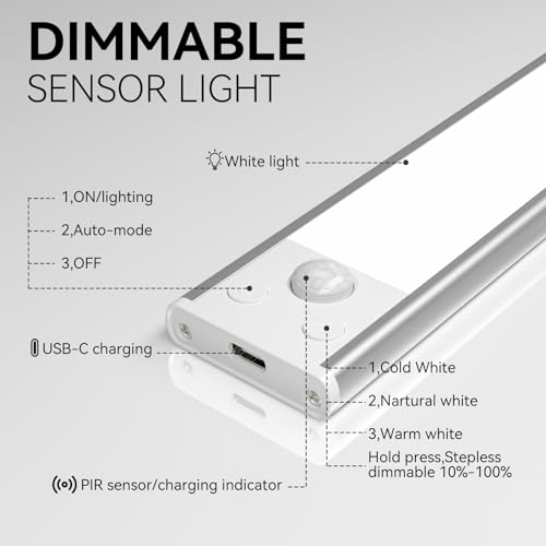 Image of Under Cabinet Lighting, 3 Color Magnetic Motion Activated Under Cabinet Lights, Rechargeable Closet Lights 1800mAh Battery Operated, Wireless Dimmable Under Counter Lights for Kitchen,Hallway 4 Pack