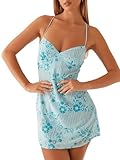 ensswliz Women Sequin Sparkly Mini Dress Sleeveless Backless Deep V Neck Rhinestone Cami Dress Sexy Pearl Glitter Party Clubwear (A-Blue, S)