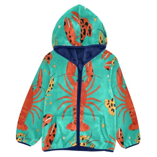 Lobster Pattern Print with Dot Toddler Fleece Jacket Girl Boys Hooded Fleece Jacket Coat Warm Outwear Zip-up 3-10T