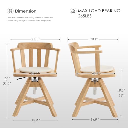 Image of Zesthouse Solid Wood Home Office Desk Chair with Arm, Vintage Office Chair with Adjustable Height, Heavy Duty Desk Chair with Cushion & Slatted Back, Swivel Computer Task Chair No Wheel Raw Wood Color