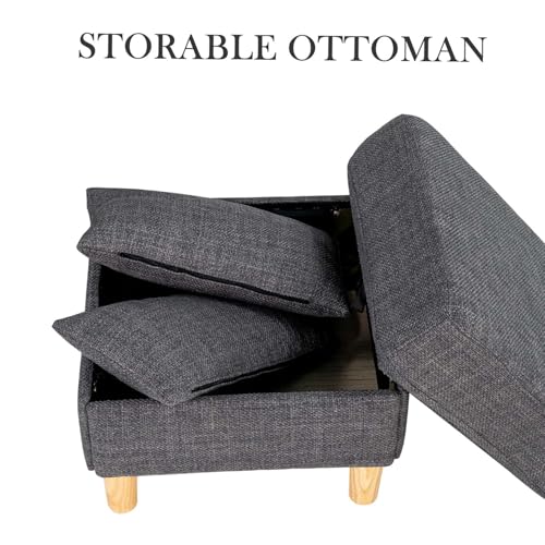 Hroth 2 Seater Sofa with Ottoman,Grey Fabric Sofa with Thickened Cushions, 2 Pillows,Durable L Shape Loveseat for Living Room, Bedroom, Office, Dark Grey - Image 5