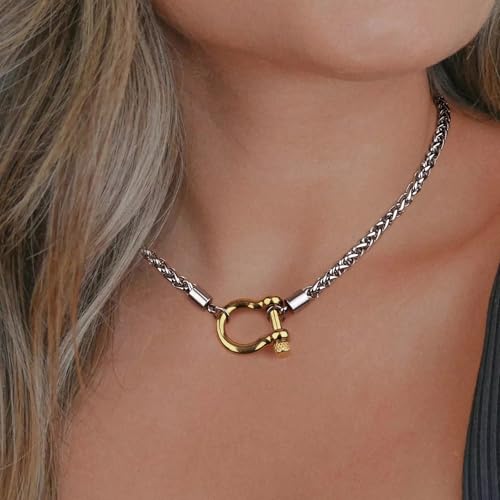 FEEL STYLE Heavy Screw Anchor Shackle Wheat Necklace - 18Inch Stainless Steel Foxtail Wheat Chain Necklace Rolo Necklace - Screw Anchor Shackle Nautical Sailor Clasp2