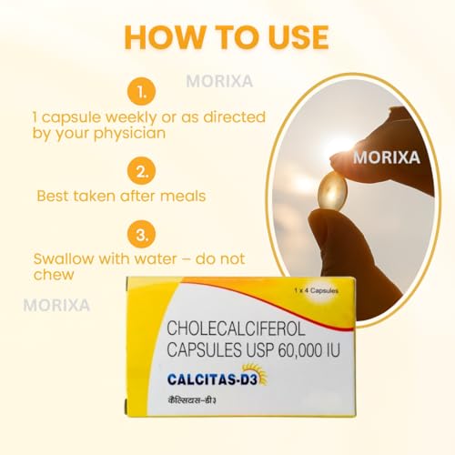 Image of MORIXA Calcitas D3 Capsule | Vitamin D3 60000 IU Cholecalciferol Supplement | Supports Bone, Teeth, Muscle & Immunity Health | 5 Strips x 4 Capsules (20 Capsules) | Supports Bone, Teeth, Muscle & Immunity Health, 20 Capsules, 5 Strips x 4 Capsules
