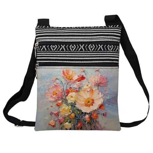Oil Painting Pink Flower Messenger Bag Small Ethnic Pattern Printed Adjustable Strap Crossbody Zipper Bag Oil Painting Pink Flower Phone Organizer Wallet Cute Shoulder Handbag for Women