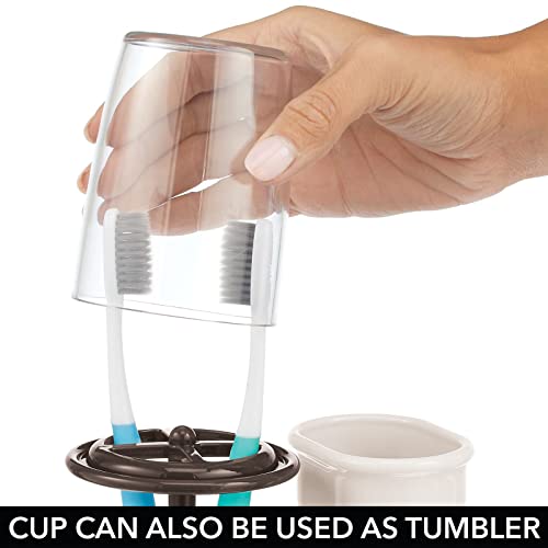 mDesign Plastic Toothpaste and Toothbrush Holder Center with Cup/Cover - Organizer for Bathroom Vanity Countertop - Holds Paste, Floss, Accessories - Hyde Collection - Cream/Bronze