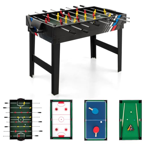 HOMASIS 4 en 1 Table Multi-Jeux avec Baby-Foot, Billard, Hockey et Ping-Pong, Table de Jeu en Bois pour Enfants et Adultes avec Accessoires, pour Maison Bar...