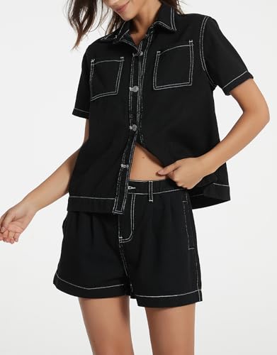 Image of Kedera Summer Denim Set for Women 2 piece Casual Short Sleeve Boxy Shirt Tops and Shorts Pants Lounge Sets Outfits