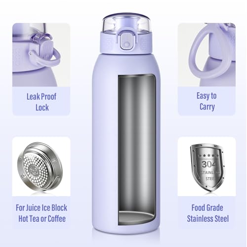 Image of Insulated Water Bottle 24 oz with Dustproof Lid, Carry Handle & Tea Infuser, BPA-Free & Leakproof, Stainless Steel Water Bottles Ideal for Fitness, Hiking, Office & Outdoor Use (Light Purple)