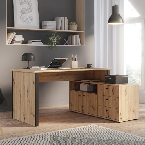 Forte TEMPRA 2 Schreibtisch 120, moderner Schreibtisch in L-Form mit Regal, 2 Türen, 3 Schubladen, Holzwerkstoff, Artisan Eiche Holzdekor/Schwarz, 120,6 cm breit x 74,9 cm hoch x 151,4 cm tief
