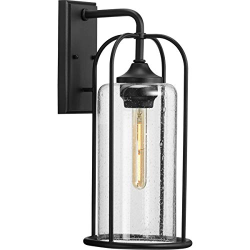 Watch Hill Collection 1-Light Textured Black Clear Seeded Glass Farmhouse Outdoor Large Wall Lantern Light