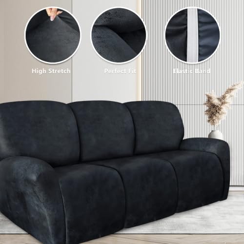 Image of ANARACHON Leather Look Recliner Couch Cover 8-Piece Recliner Sofa Slipcovers 3 Seater for Reclining Couches Furniture Protector Spandex Fabric Washable (Recliner Sofa, 02Navy Blue)