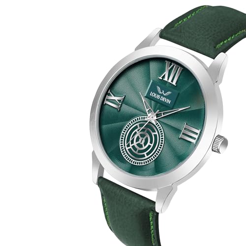Image of LOUIS DEVIN Black /Blue /Brown /Green Leather Strap Analog Wrist Watch for Men (Black /Blue /Brown /Green /White Dial) | LD-GR079