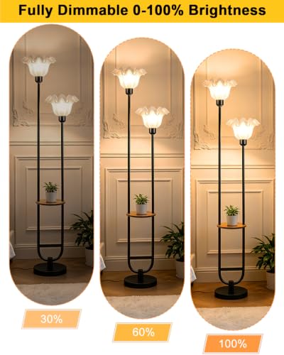 Image of 2-Light Flower Floor Lamp with Side Table, Dimmable Floor Lamp with 3000K Warm White Bulbs, Modern Black Metal Tall Standing Lamp for Living Room Bedroom Sofa Corner Home Decor
