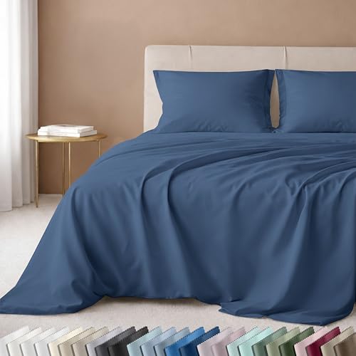 Image of California Design Den Twin Sheet Set - 100% Cotton, Luxury 600 Thread Count Deep Pocket Twin Sheets, Soft and Durable Bedding with Sateen Weave - Dusty Navy Blue