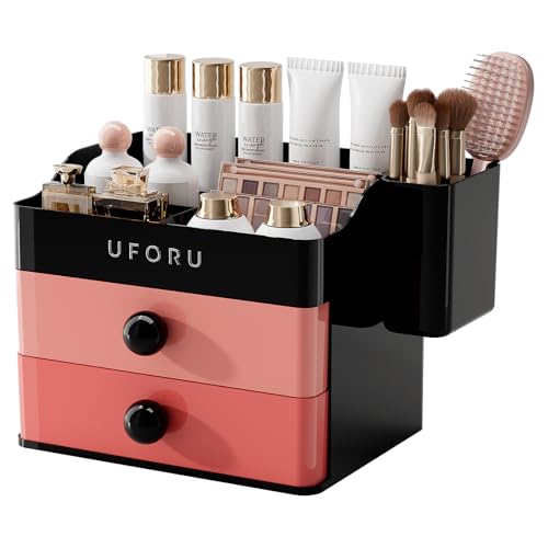 Image of UFORU Makeup Organizer for Vanity with Brush Holder, Countertop Skincare Organizer with 2 Drawers, Spacious Cosmetic Display Case for Perfumes, Eyeshadow Palettes, Nail Polishes