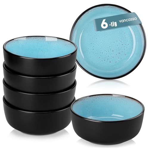 vancasso Bowl Schüssel Set 6 Personen, AMBER Müslischalen aus Steingut, Schalen Set 840ml, Dessertschale für Salat Suppen, Kleine Schüssel Ø 16 cm, Mikrowellenfest und Spülmaschinenfest, Seeblau