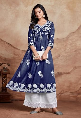 Image of EthnicJunction Women's Silk Blend Regular Fit Chikankari Embroidered Naira Cut Kurta