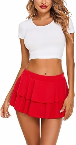 Accessorize Kingdom Women Pleated Mini Skirt Solid Ruffle Lingerie Skirts Sexy Babydoll Lingerie Honeymoon/First Night/Anniversary (Red, Free Size)