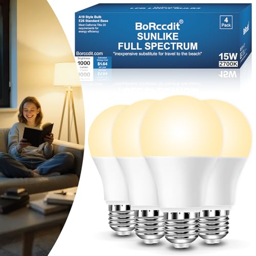 BoRccidt SunLike Full Spectrum Light Bulb 2700K Warm LED 15W=100W Flicker-Free & UV-Free 90+CRI & 30000H Lifespan 4-Pack A19 E26/E27 Soft White Sunlight Light Bulbs for Humans Home Office Plant