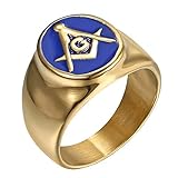 IFUAQZ Men's Stainless Steel Gold Plated Freemason Masonic Rings Blue G Lodge Master Mason Signet Biker Band Size 10