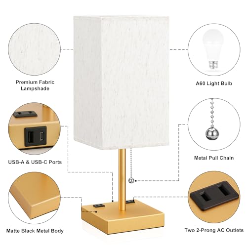 Image of Gold Bedside Lamp for Bedroom - 3 Color Temperatures, USB A+C, 2 AC Outlets