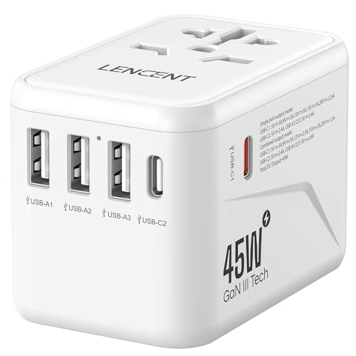 LENCENT Adaptador Enchufe Universal GAN III 45W, Cargador Internacional con 3 USB-A y 2 USB-C PD...