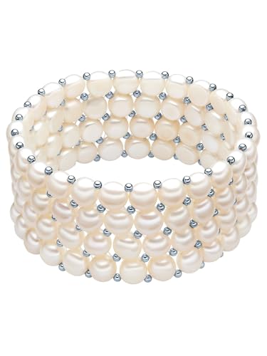 Valero Pearls Damen-Armband elastisch Süßwasser-Zuchtperlen in ca. 6 mm Button weiß 925 Sterling Silber 19 cm - Perlenarmband mit echten Perlen weiss