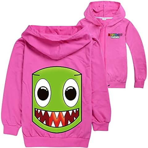 Rainbow Friends Costume Kids Zip Up Hoodie Rainbow Cosplay (rose red,130cm,5 Years,6 Years) Cover