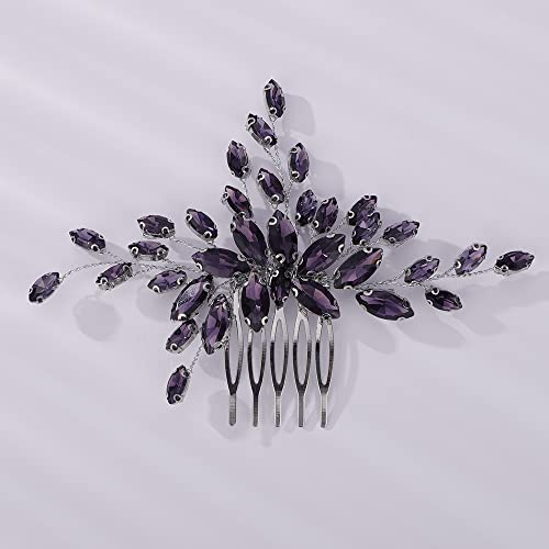Teyglen Women's Luxurious Bridal Hair Comb with Shiny Rhinestones in Purple, Black, Red and Blue - Dainty and Simple Side Hair Accessory for Brides and Girls